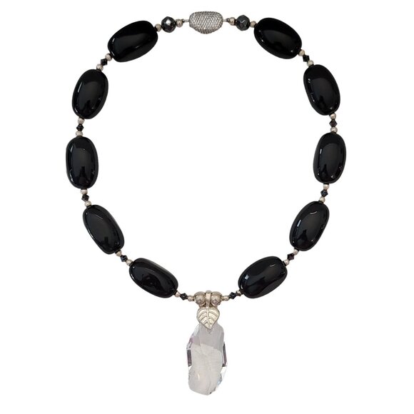 Sterling Silver Black Onyx Clear Geometrical Crystal Pendant Necklace E872 - Picture 5 of 16